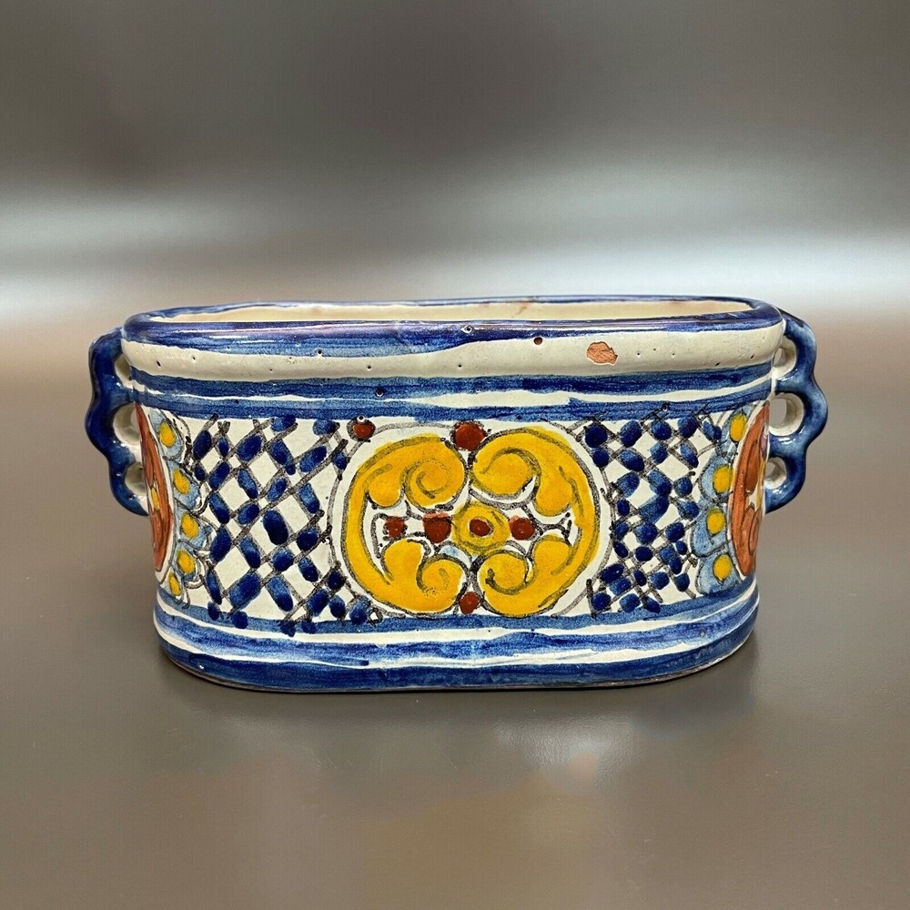 Vintage Planter Container Blue Yellow Brown Mexico? 9 3/8" x 4 7/8 x 3 7/8" high